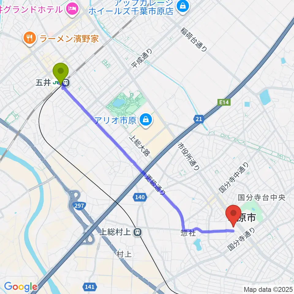 五井駅から市原市市民会館へのルートマップ地図