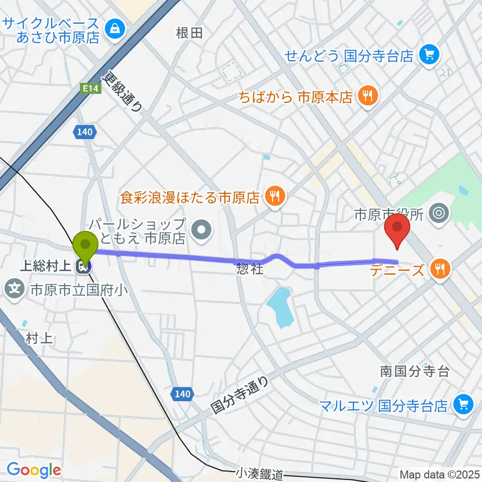 市原市市民会館の最寄駅上総村上駅からの徒歩ルート（約20分）地図