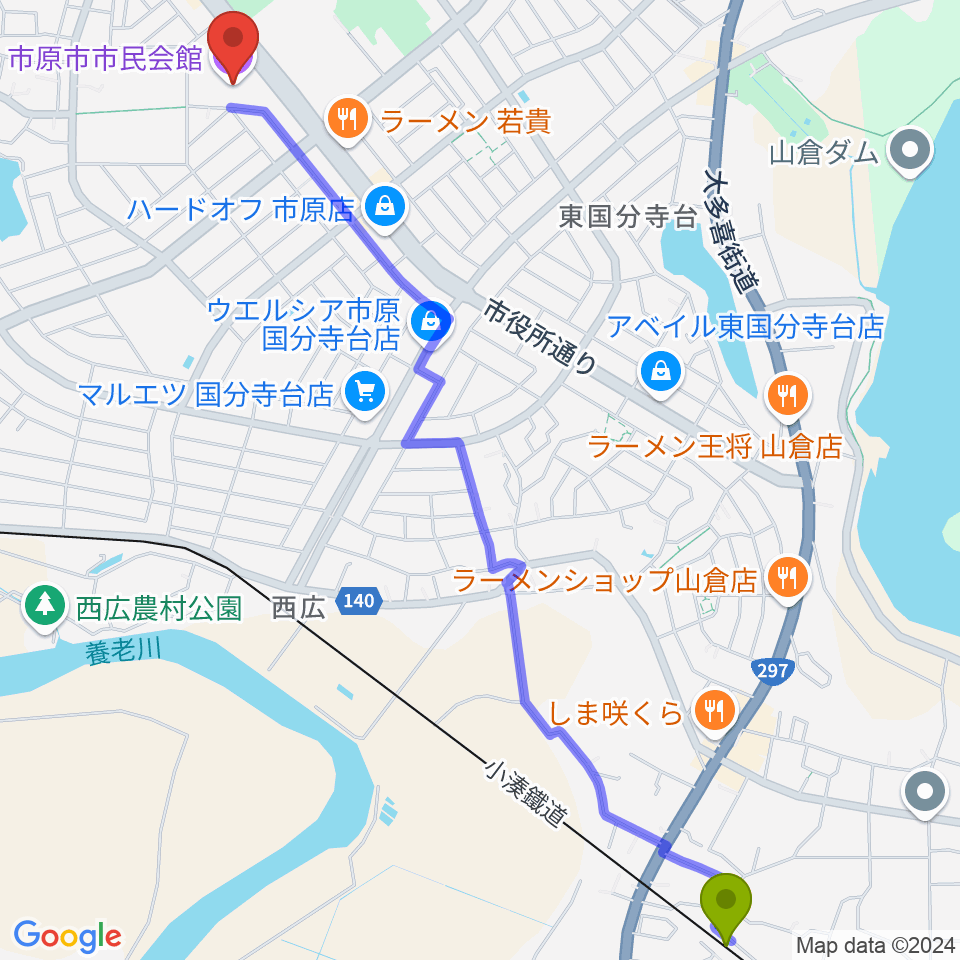 海士有木駅から市原市市民会館へのルートマップ地図