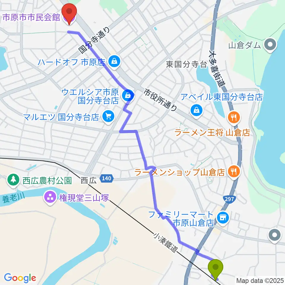 海士有木駅から市原市市民会館へのルートマップ地図