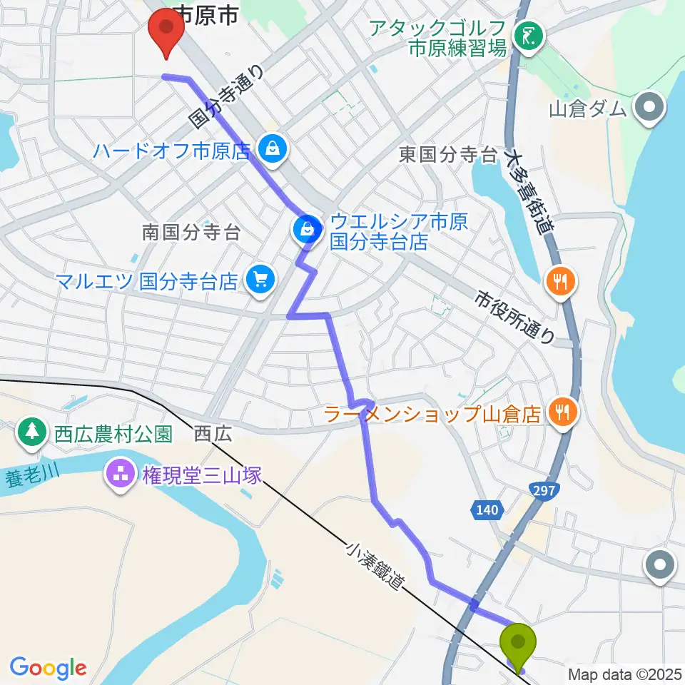 海士有木駅から市原市市民会館へのルートマップ地図