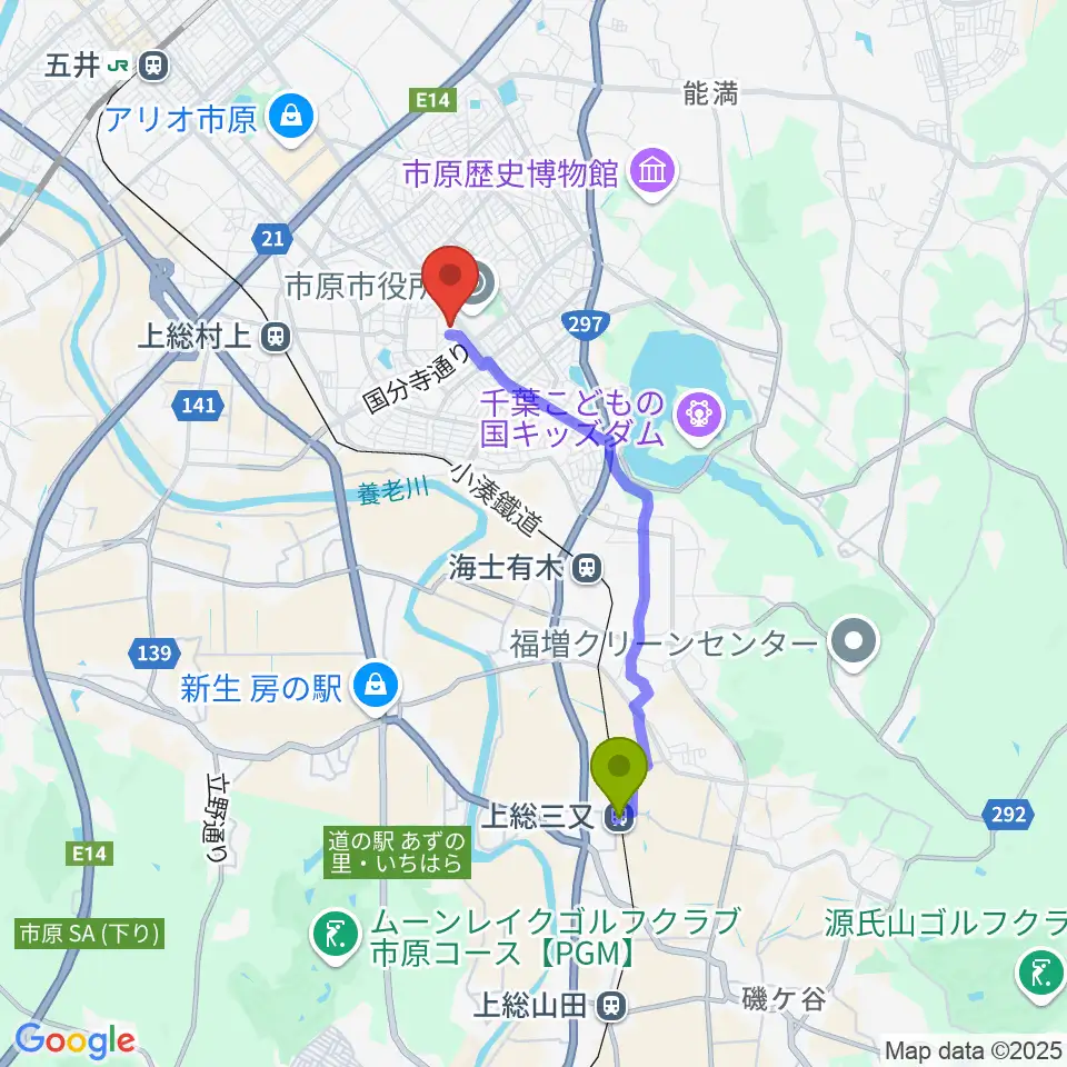 上総三又駅から市原市市民会館へのルートマップ地図