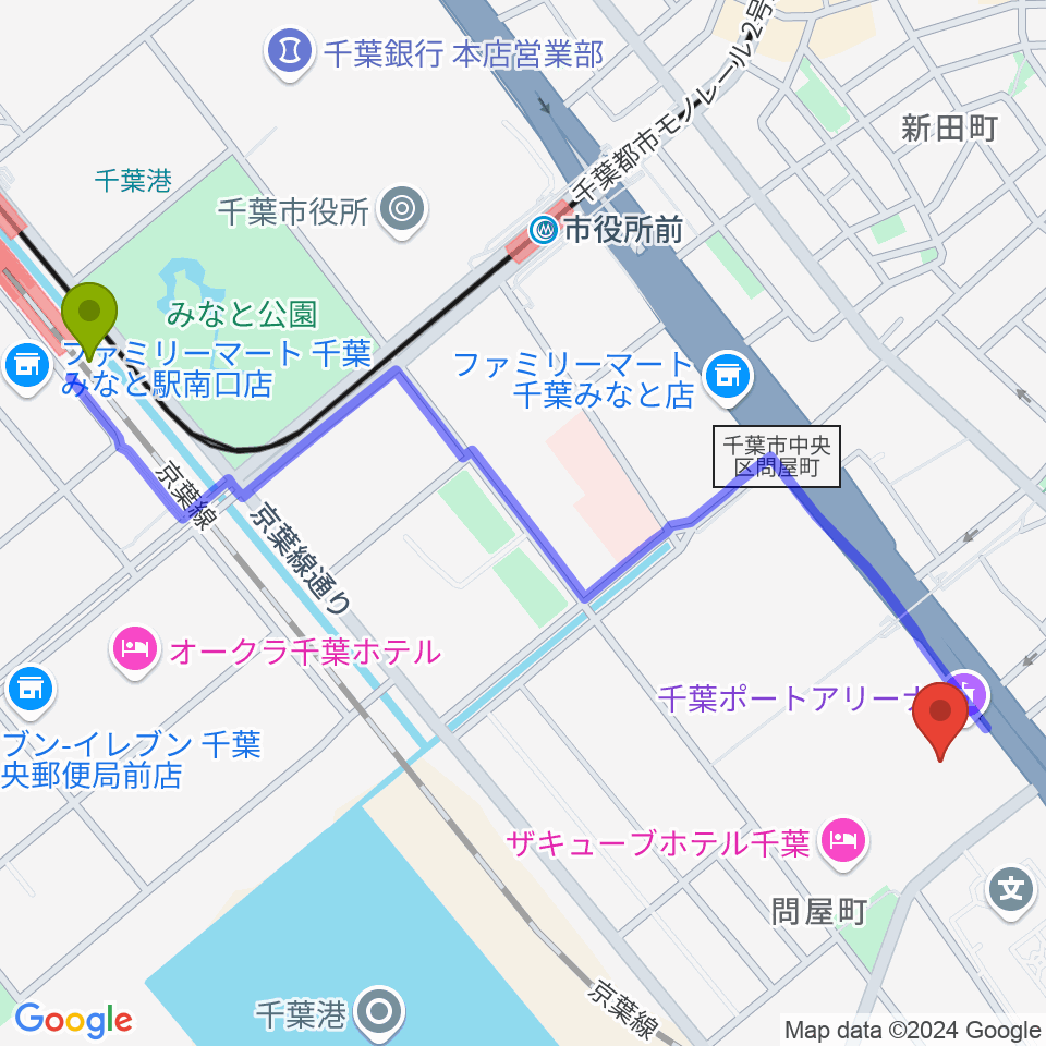 千葉みなと駅から千葉ポートアリーナへのルートマップ地図