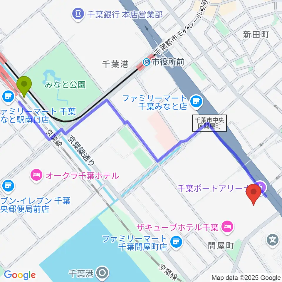 千葉みなと駅から千葉ポートアリーナへのルートマップ地図