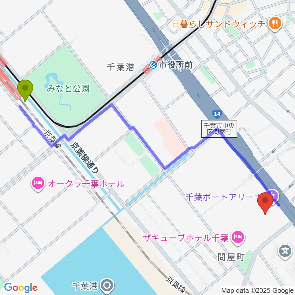 千葉みなと駅から千葉ポートアリーナへのルートマップ地図