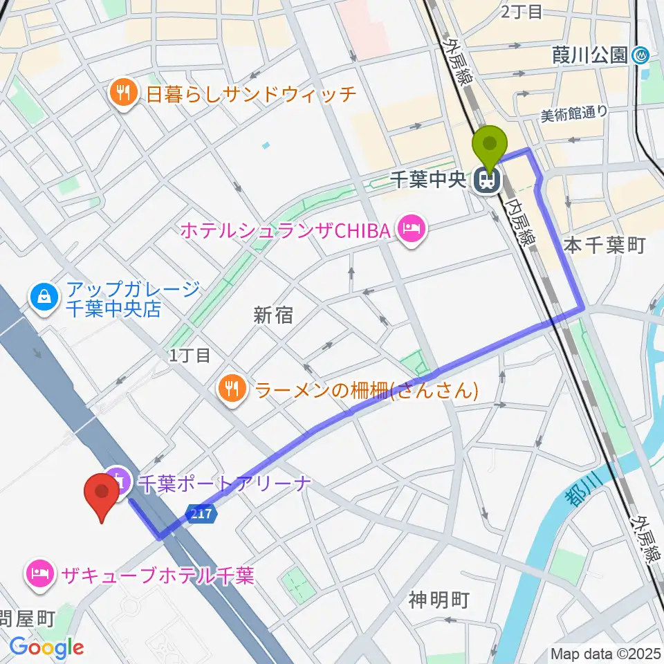千葉中央駅から千葉ポートアリーナへのルートマップ MDATA