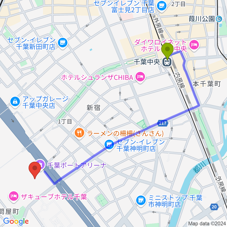 千葉中央駅から千葉ポートアリーナへのルートマップ地図