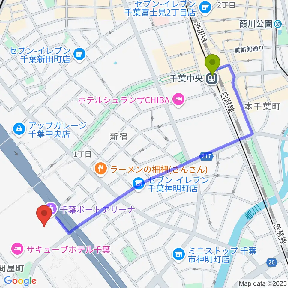 千葉中央駅から千葉ポートアリーナへのルートマップ地図