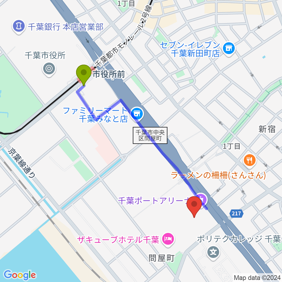 千葉ポートアリーナの最寄駅市役所前駅からの徒歩ルート（約9分）地図