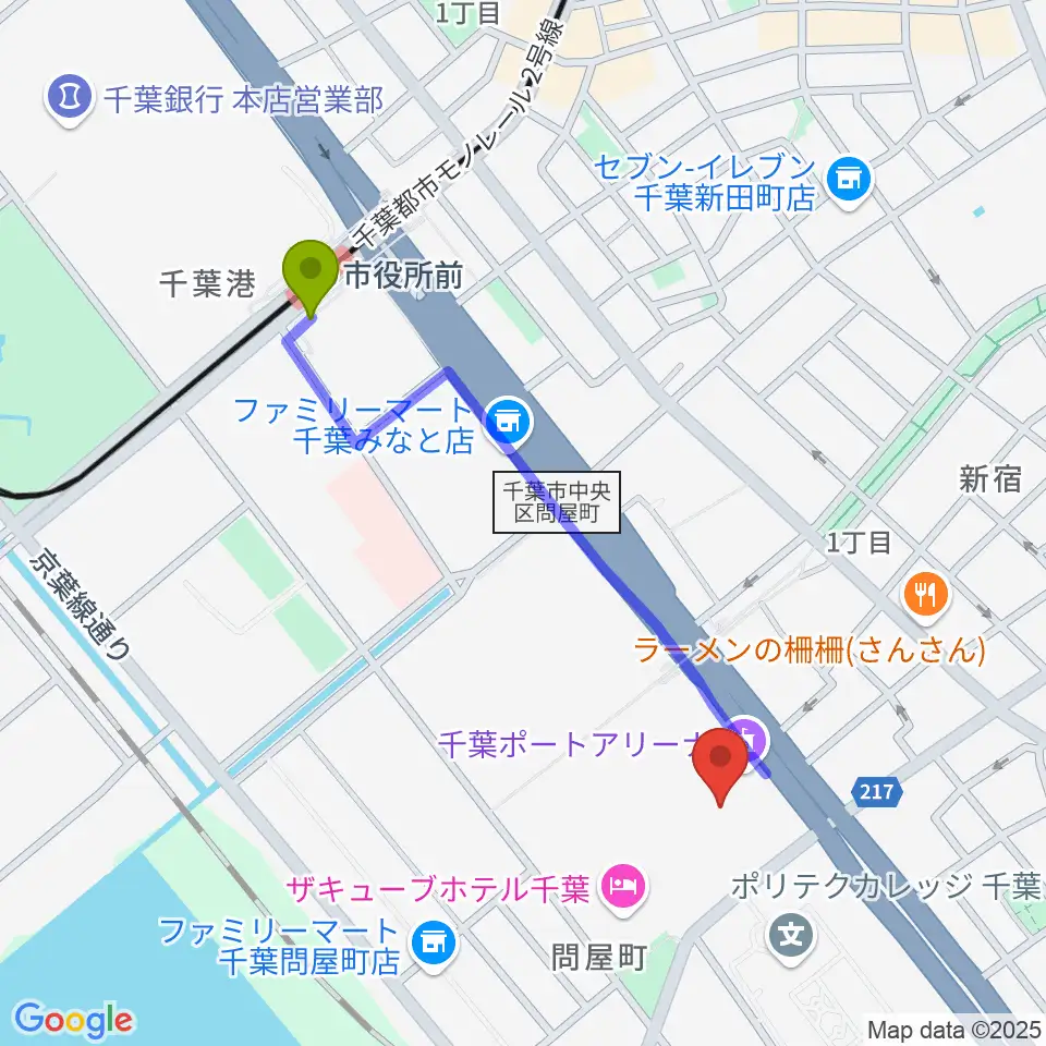 千葉ポートアリーナの最寄駅市役所前駅からの徒歩ルート（約9分）地図