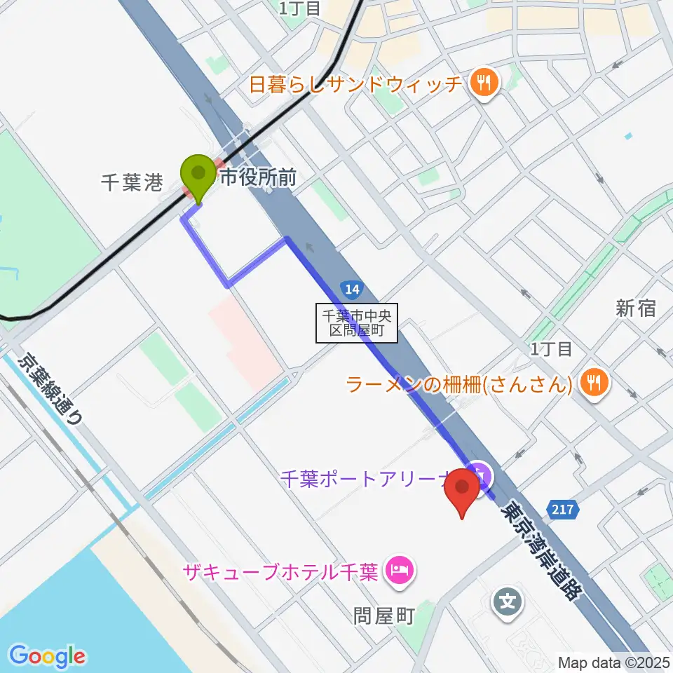千葉ポートアリーナの最寄駅市役所前駅からの徒歩ルート（約9分）地図