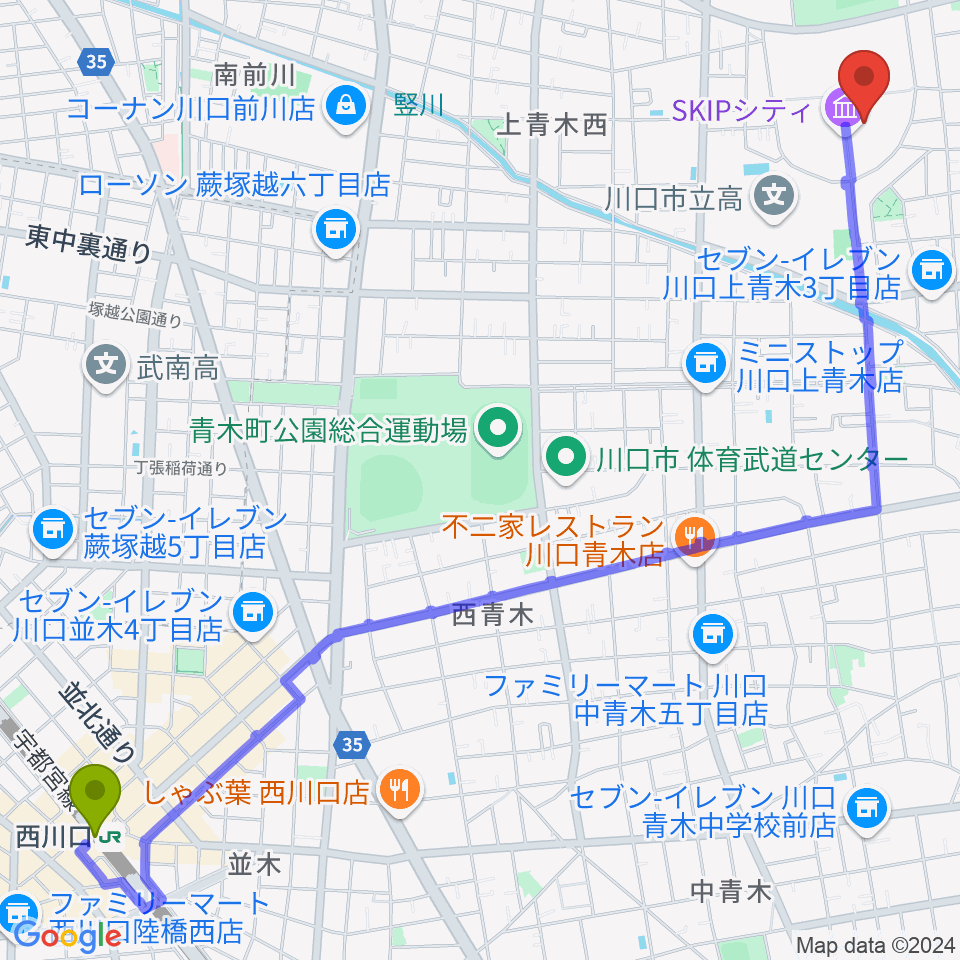 西川口駅からSKIPシティ彩の国ビジュアルプラザへのルートマップ地図