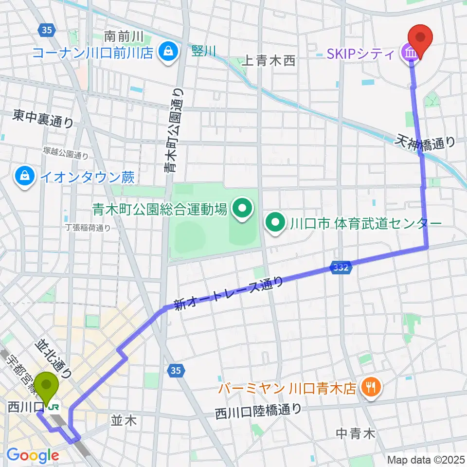 西川口駅からSKIPシティ彩の国ビジュアルプラザへのルートマップ地図