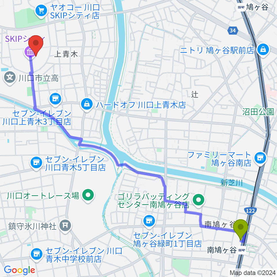 南鳩ヶ谷駅からSKIPシティ彩の国ビジュアルプラザへのルートマップ地図