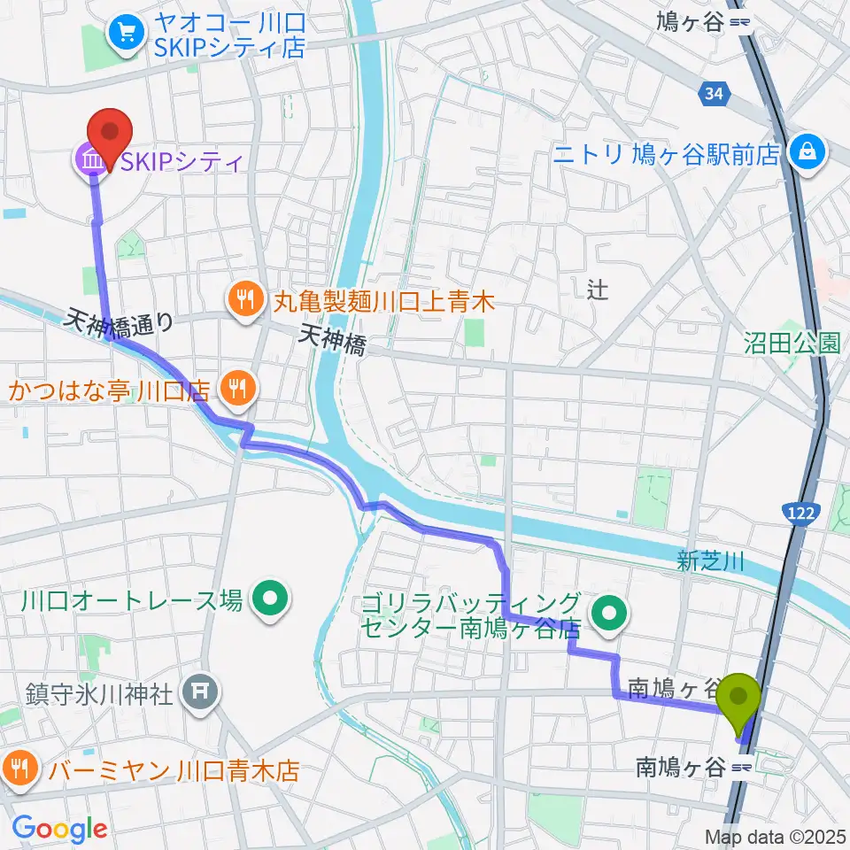 南鳩ヶ谷駅からSKIPシティ彩の国ビジュアルプラザへのルートマップ地図
