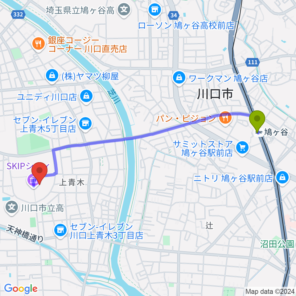 SKIPシティ彩の国ビジュアルプラザの最寄駅鳩ヶ谷駅からの徒歩ルート（約23分）地図