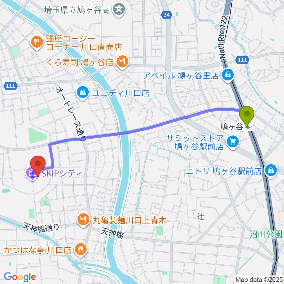 SKIPシティ彩の国ビジュアルプラザの最寄駅鳩ヶ谷駅からの徒歩ルート（約23分）地図