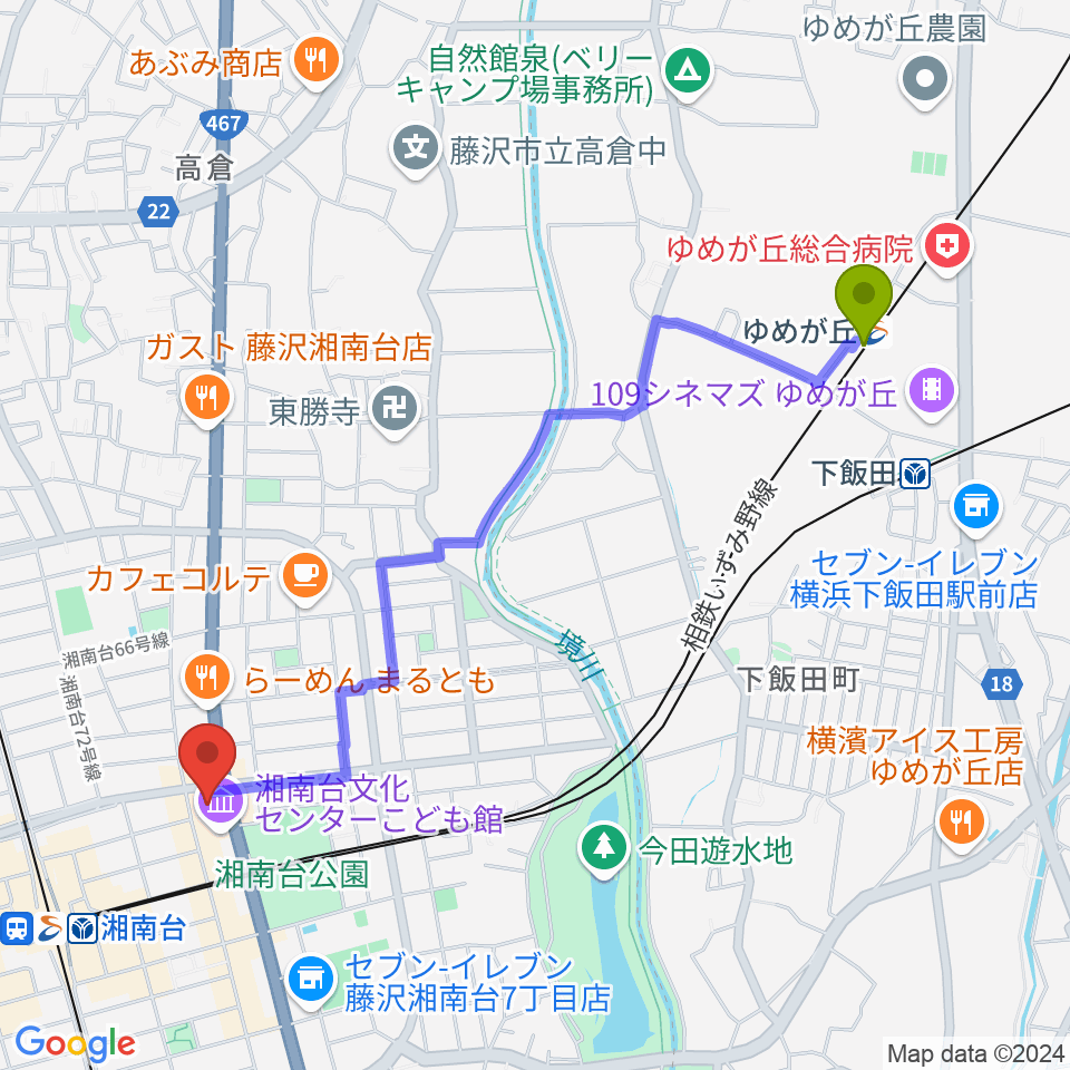 ゆめが丘駅から湘南台文化センター市民シアターへのルートマップ地図