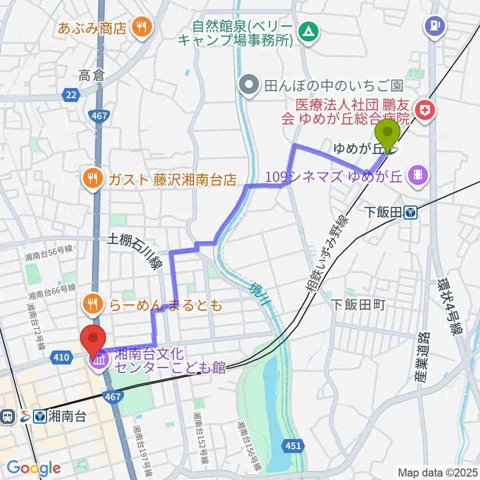 ゆめが丘駅から湘南台文化センター市民シアターへのルートマップ地図