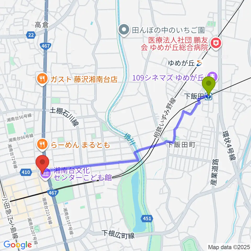 下飯田駅から湘南台文化センター市民シアターへのルートマップ地図