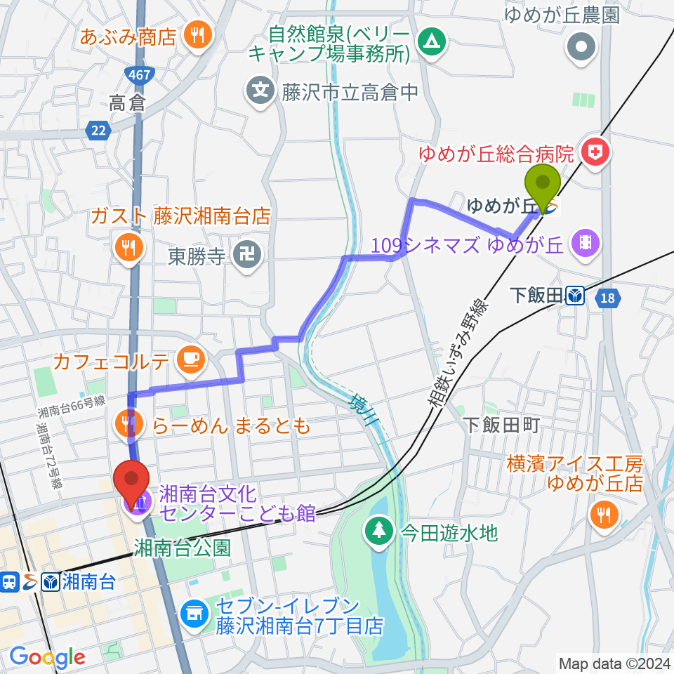 ゆめが丘駅から湘南台文化センターこども館へのルートマップ地図