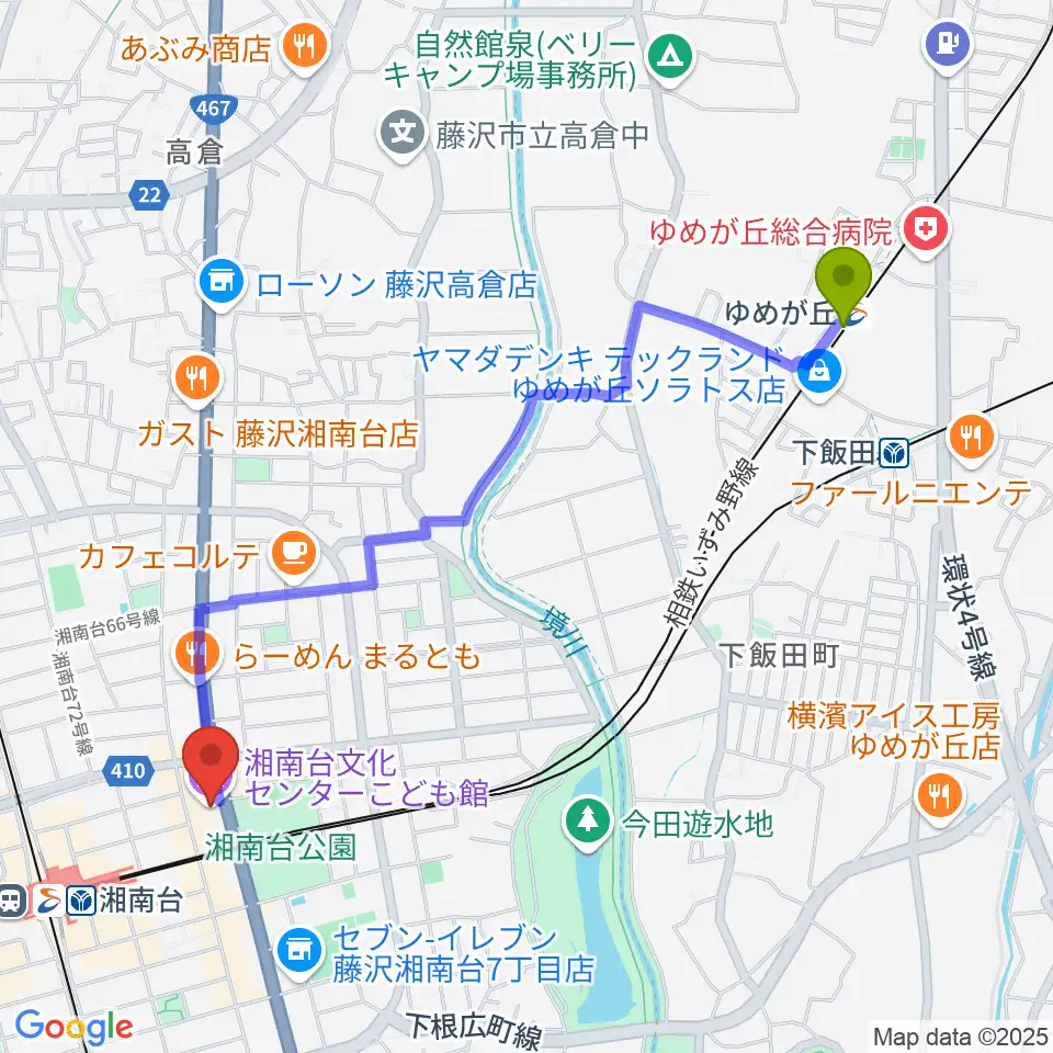 ゆめが丘駅から湘南台文化センターこども館へのルートマップ地図