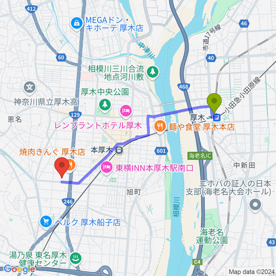 厚木駅から厚木市文化会館へのルートマップ地図