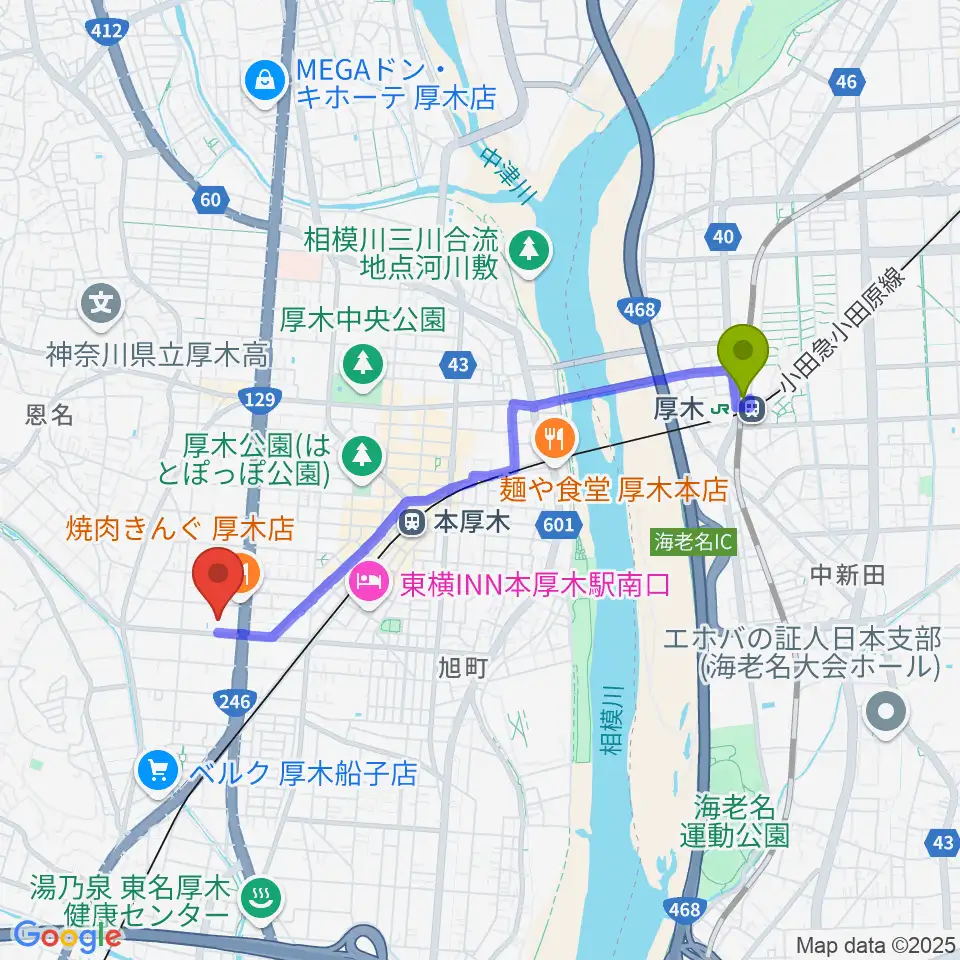 厚木駅から厚木市文化会館へのルートマップ地図