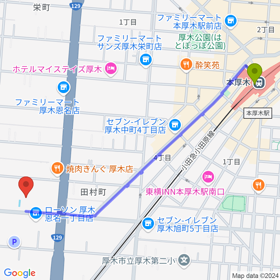 厚木市文化会館の最寄駅本厚木駅からの徒歩ルート（約14分）地図