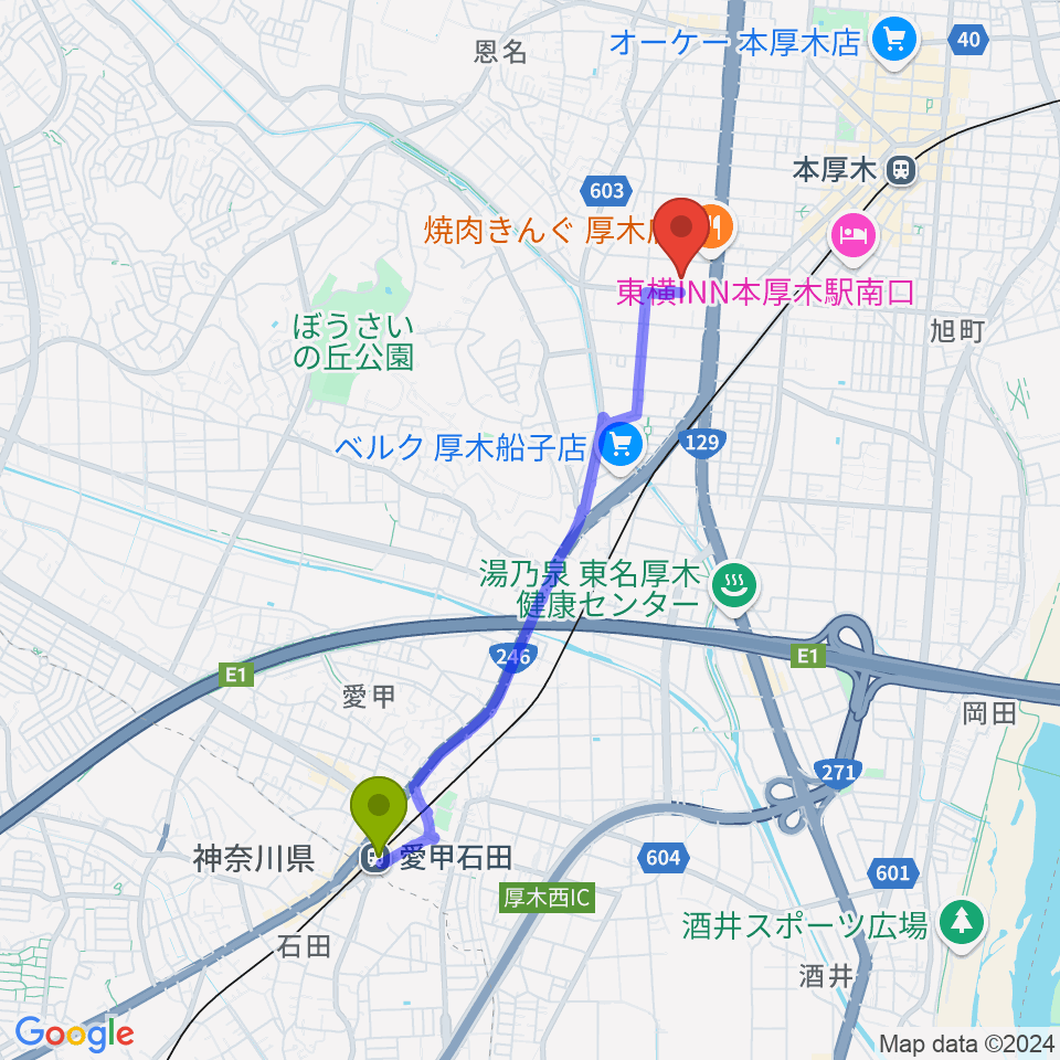 愛甲石田駅から厚木市文化会館へのルートマップ地図