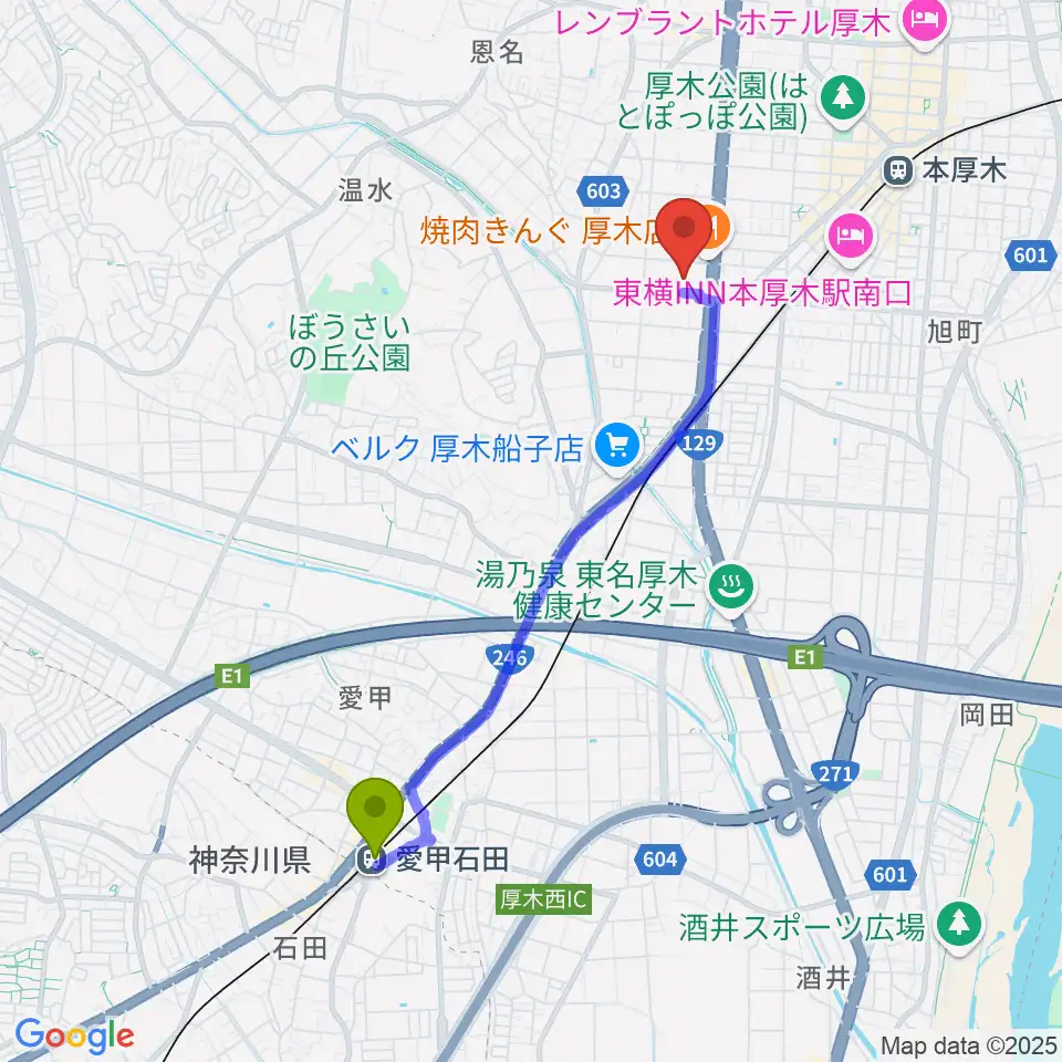 愛甲石田駅から厚木市文化会館へのルートマップ地図