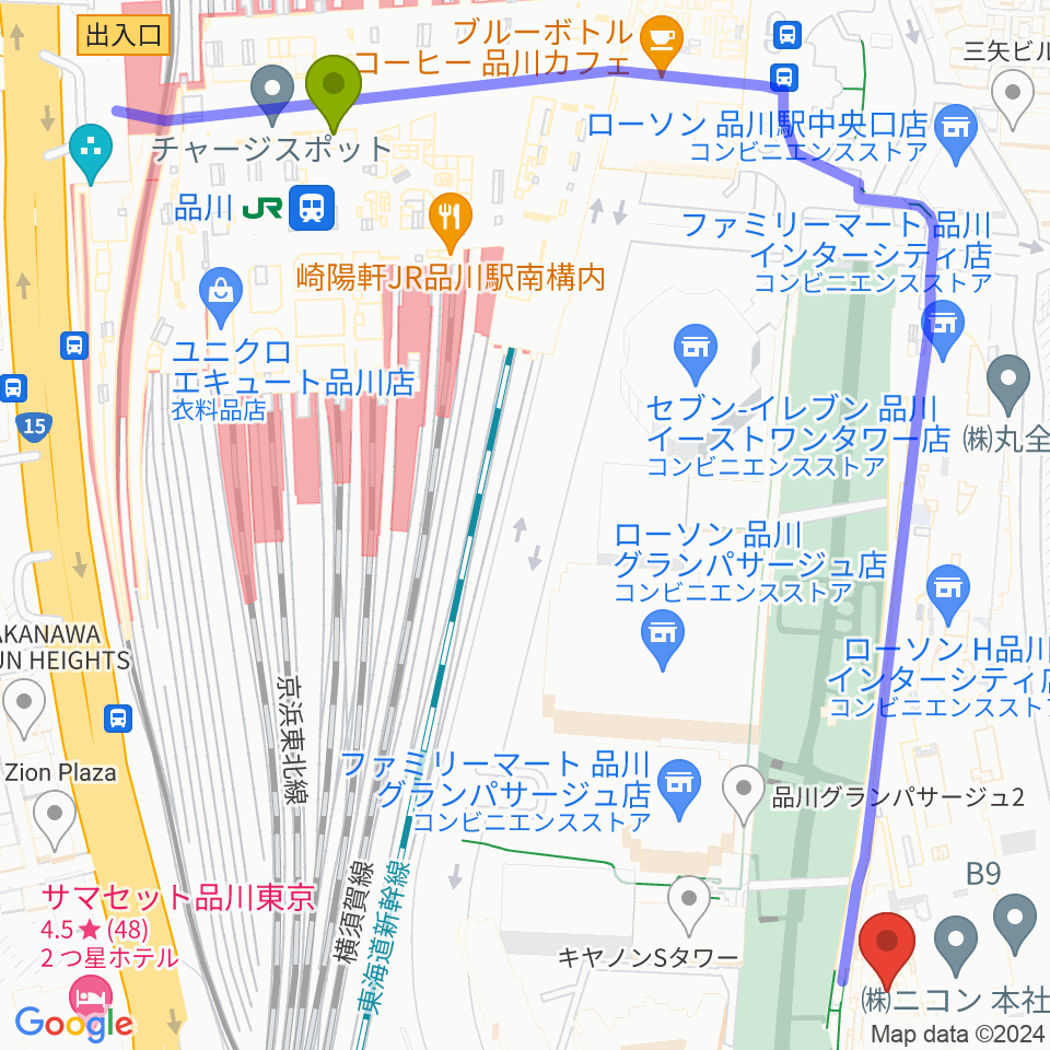 品川駅から品川インターシティホールへのルートマップ地図