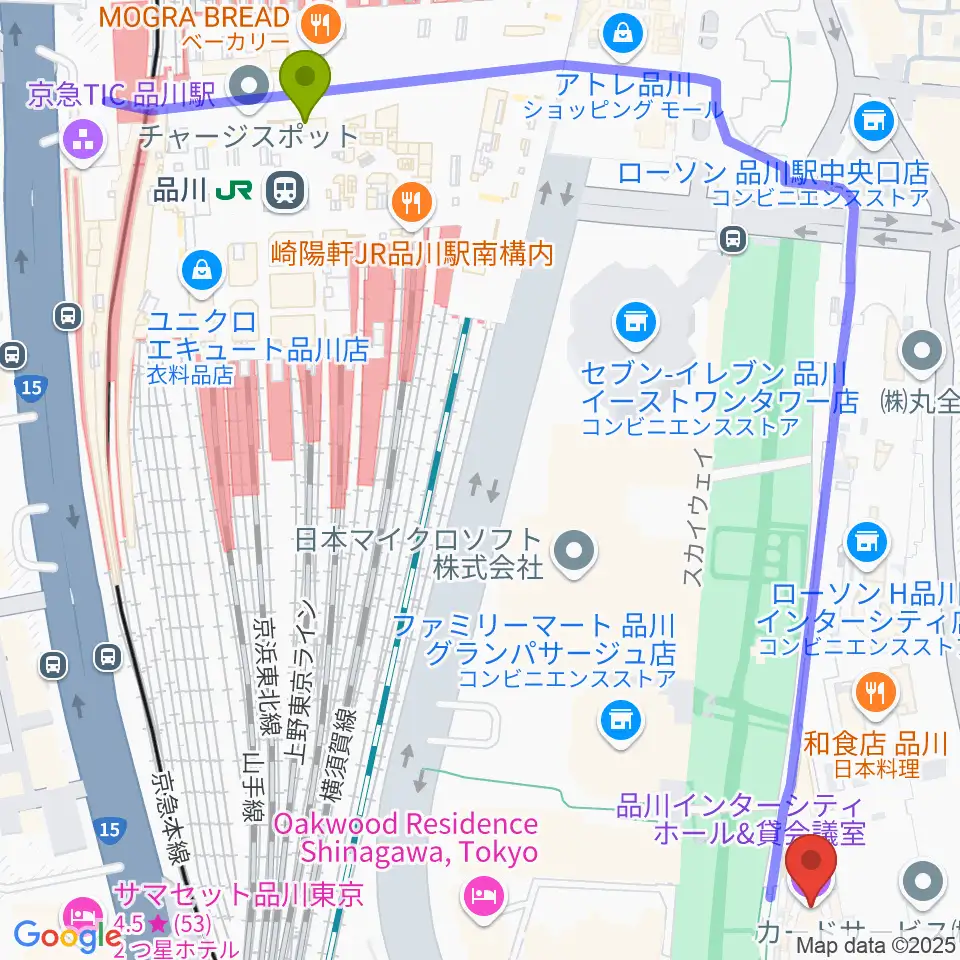 品川駅から品川インターシティホールへのルートマップ地図