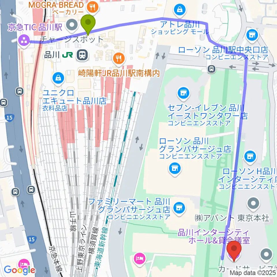 品川駅から品川インターシティホールへのルートマップ地図