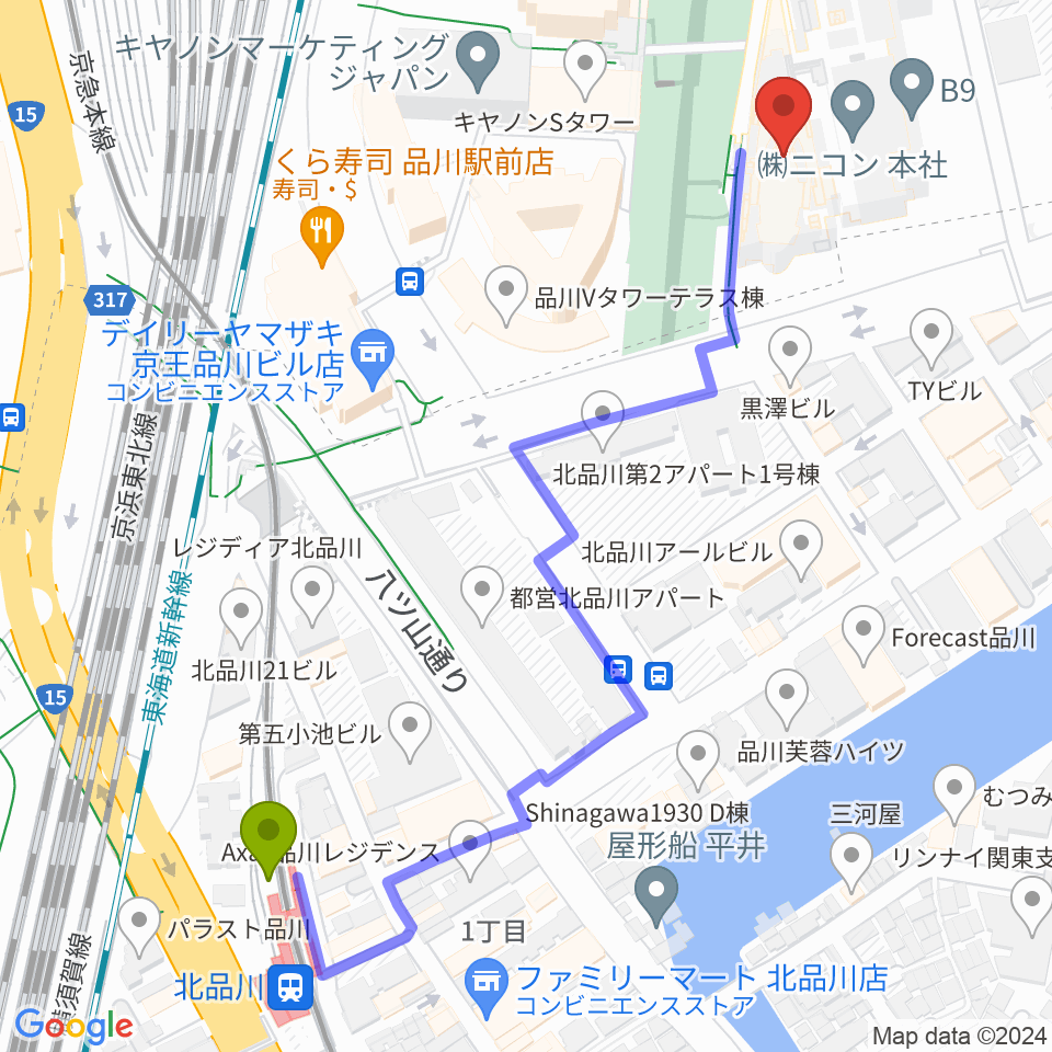 品川インターシティホールの最寄駅北品川駅からの徒歩ルート（約7分）地図