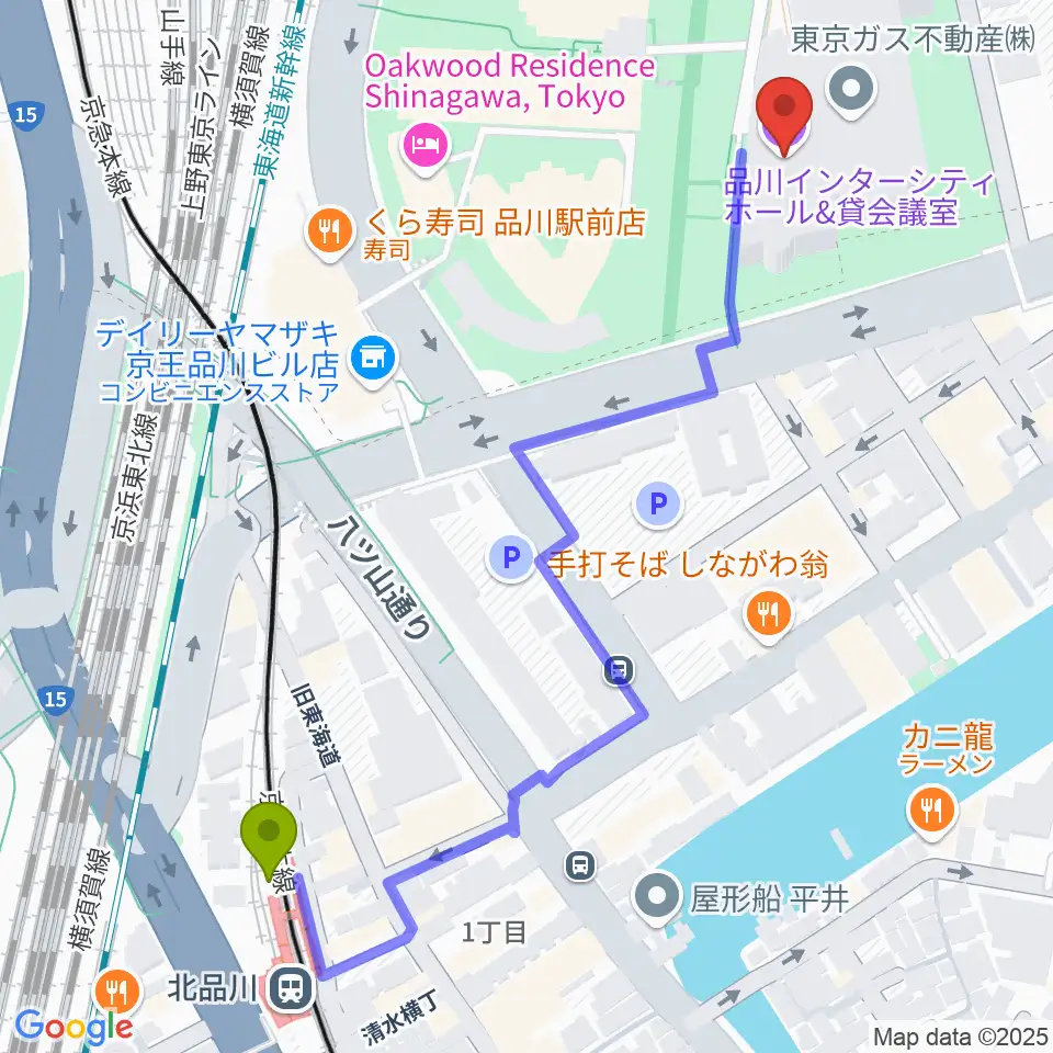 品川インターシティホールの最寄駅北品川駅からの徒歩ルート（約7分）地図