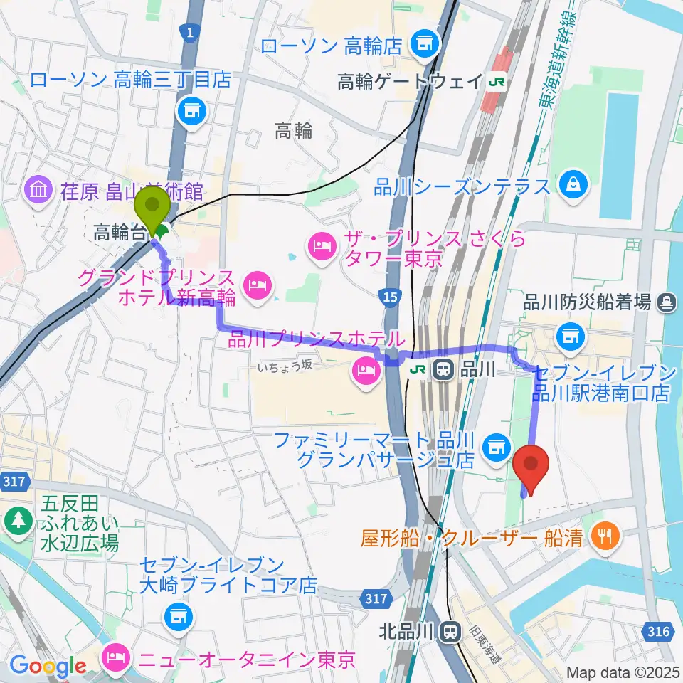 高輪台駅から品川インターシティホールへのルートマップ地図
