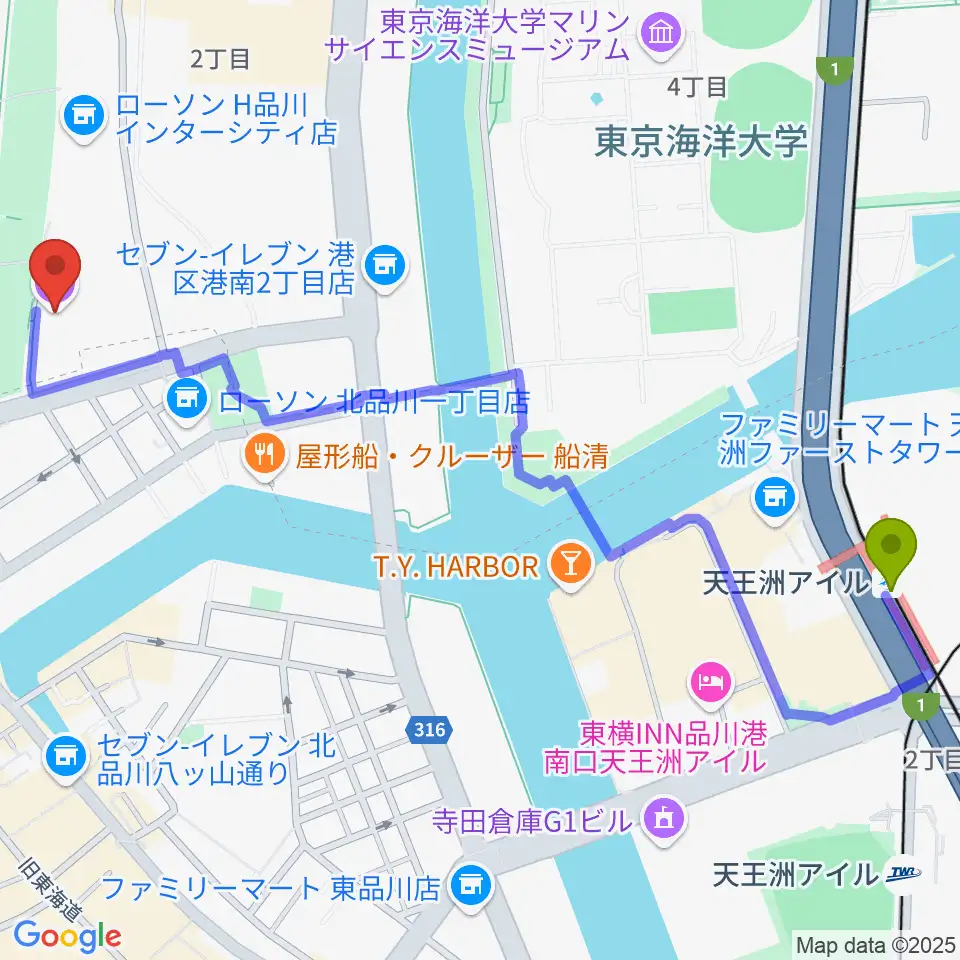 天王洲アイル駅から品川インターシティホールへのルートマップ地図