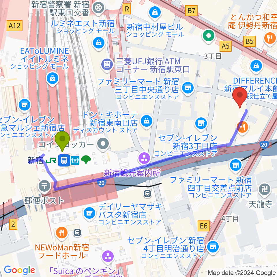 新宿駅から新宿シアターモリエールへのルートマップ地図