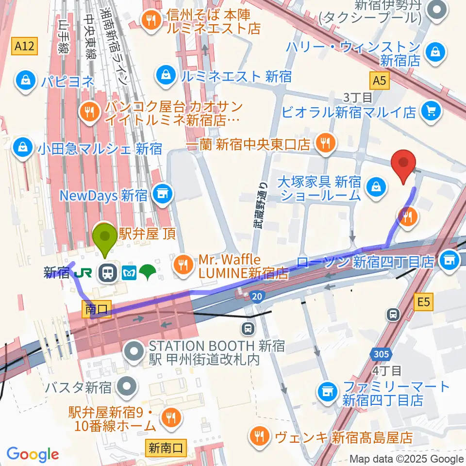新宿駅から新宿シアターモリエールへのルートマップ地図