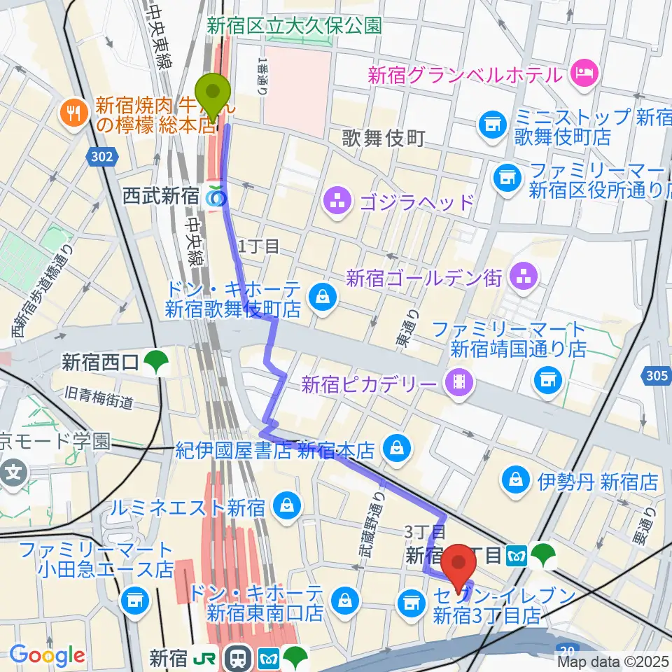 西武新宿駅から新宿シアターモリエールへのルートマップ地図