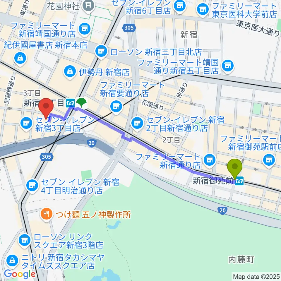 新宿御苑前駅から新宿シアターモリエールへのルートマップ地図