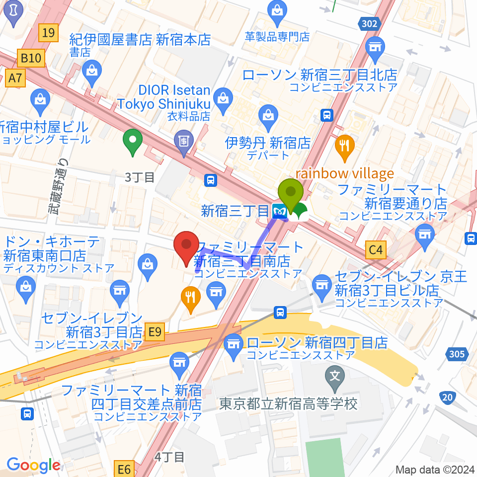 新宿シアターモリエールの最寄駅新宿三丁目駅からの徒歩ルート（約2分）地図