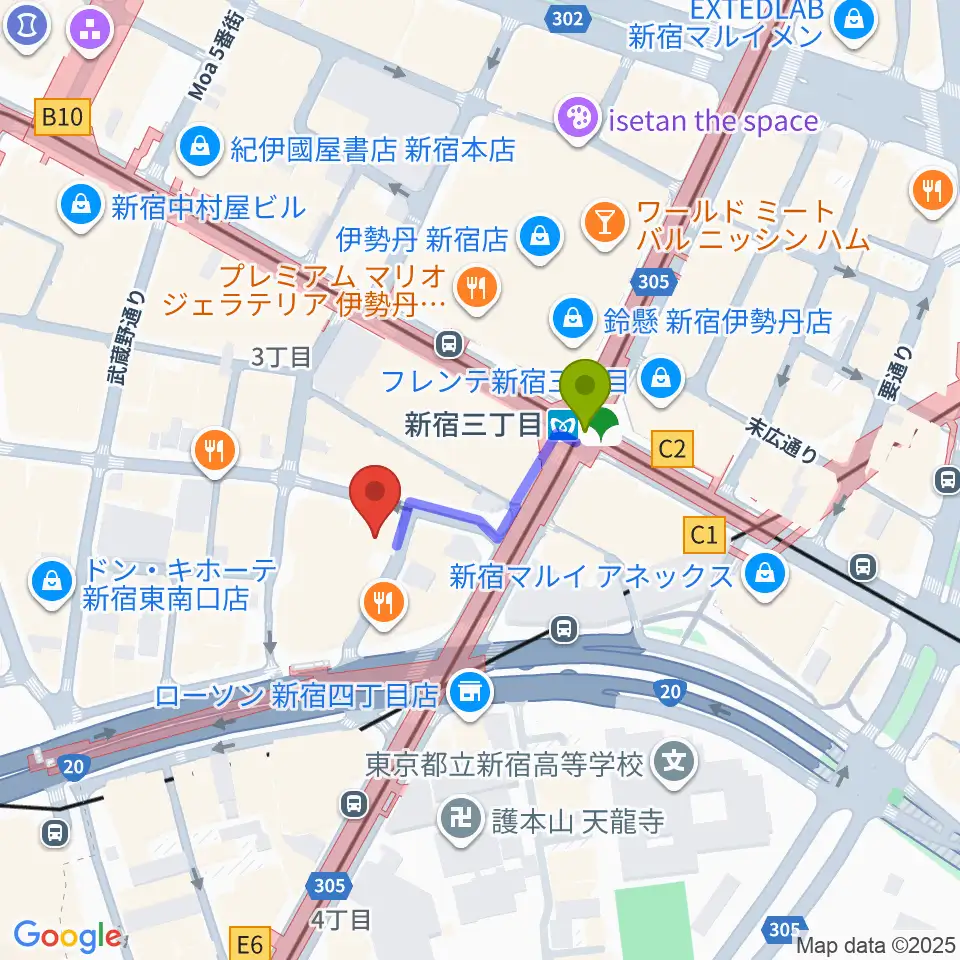 新宿シアターモリエールの最寄駅新宿三丁目駅からの徒歩ルート（約2分）地図