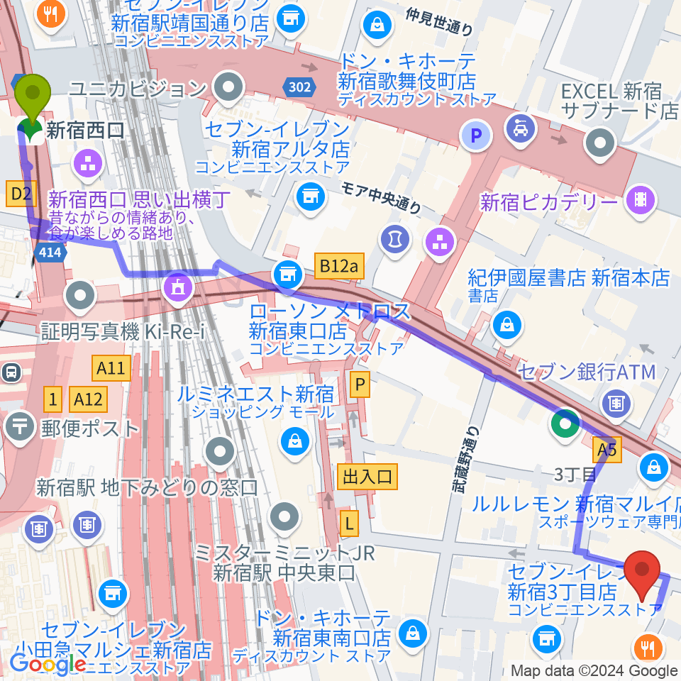 新宿西口駅から新宿シアターモリエールへのルートマップ地図