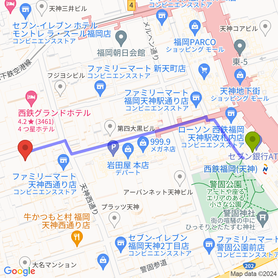 福岡天神ROOMSの最寄駅西鉄福岡（天神）駅からの徒歩ルート（約7分）地図