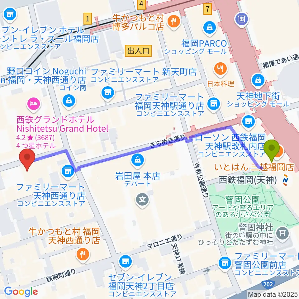 福岡天神ROOMSの最寄駅西鉄福岡（天神）駅からの徒歩ルート（約7分）地図