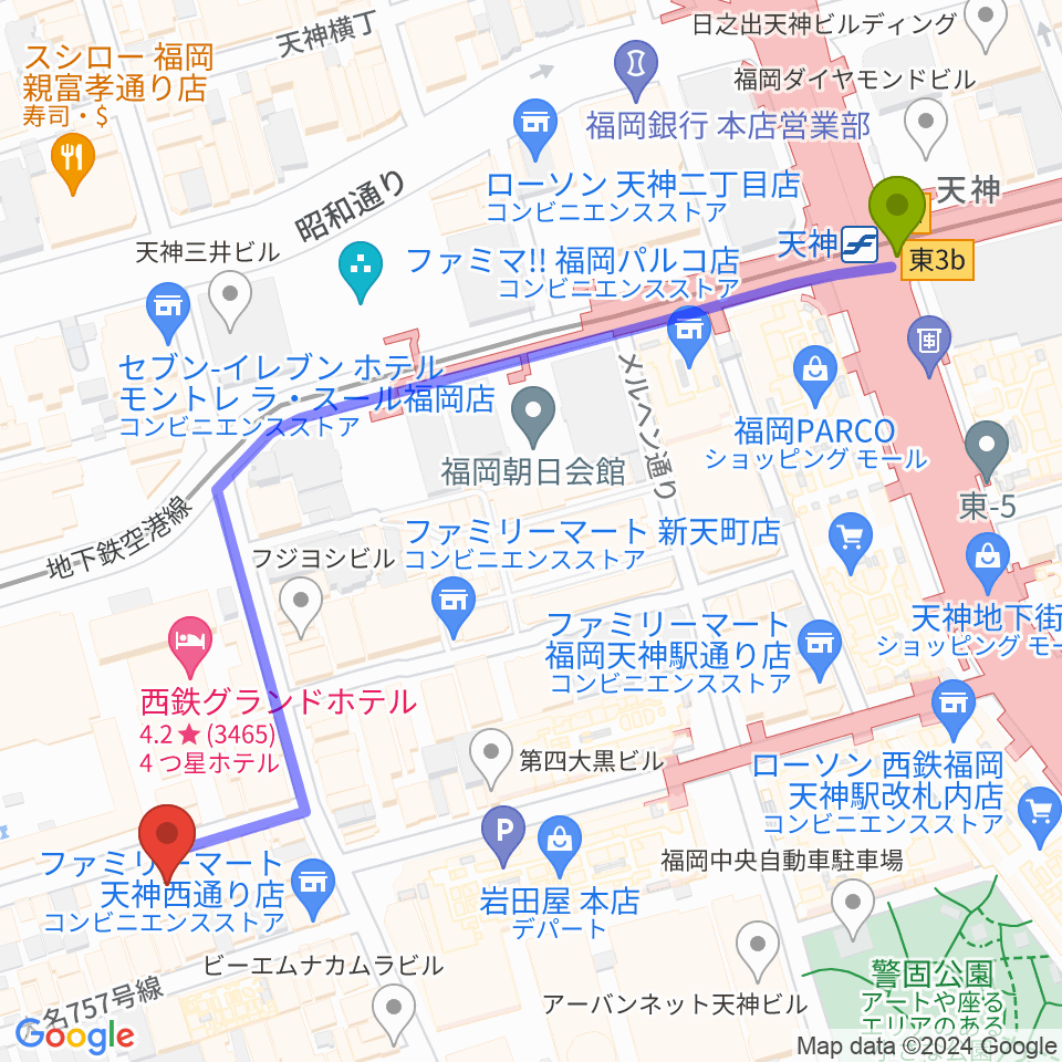 天神駅から福岡天神ROOMSへのルートマップ地図