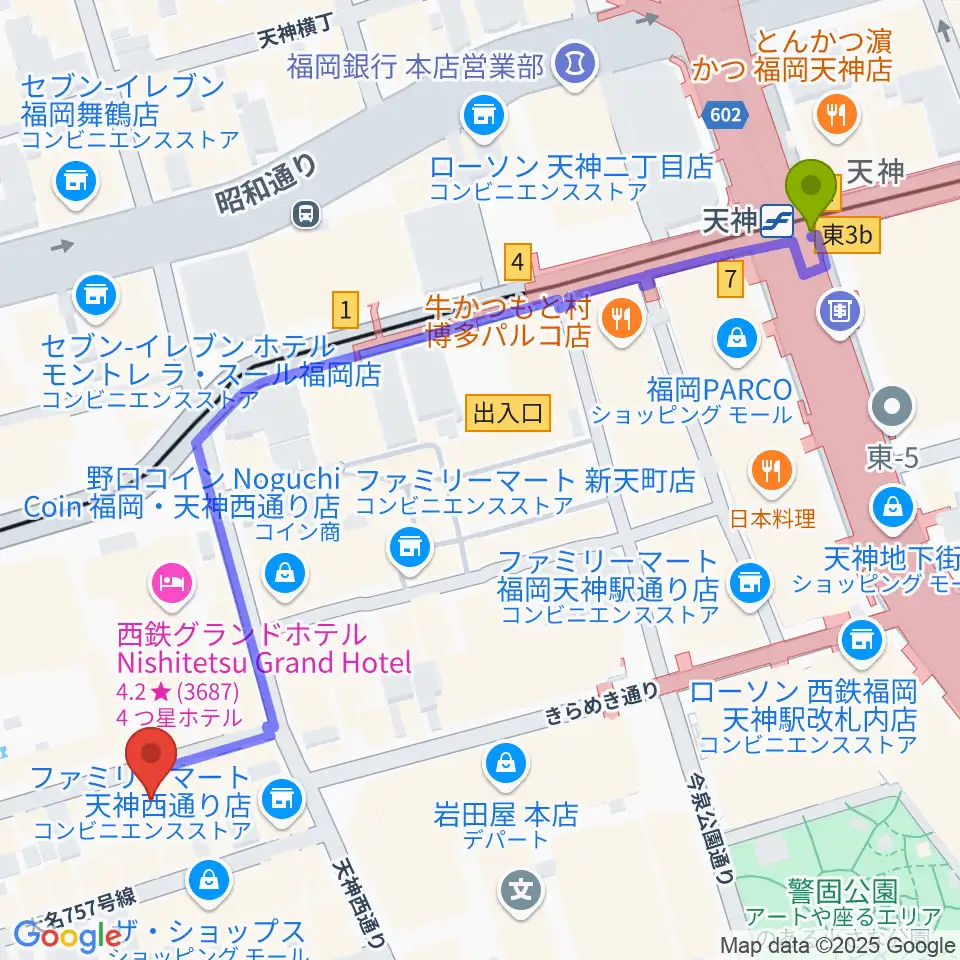 天神駅から福岡天神ROOMSへのルートマップ地図