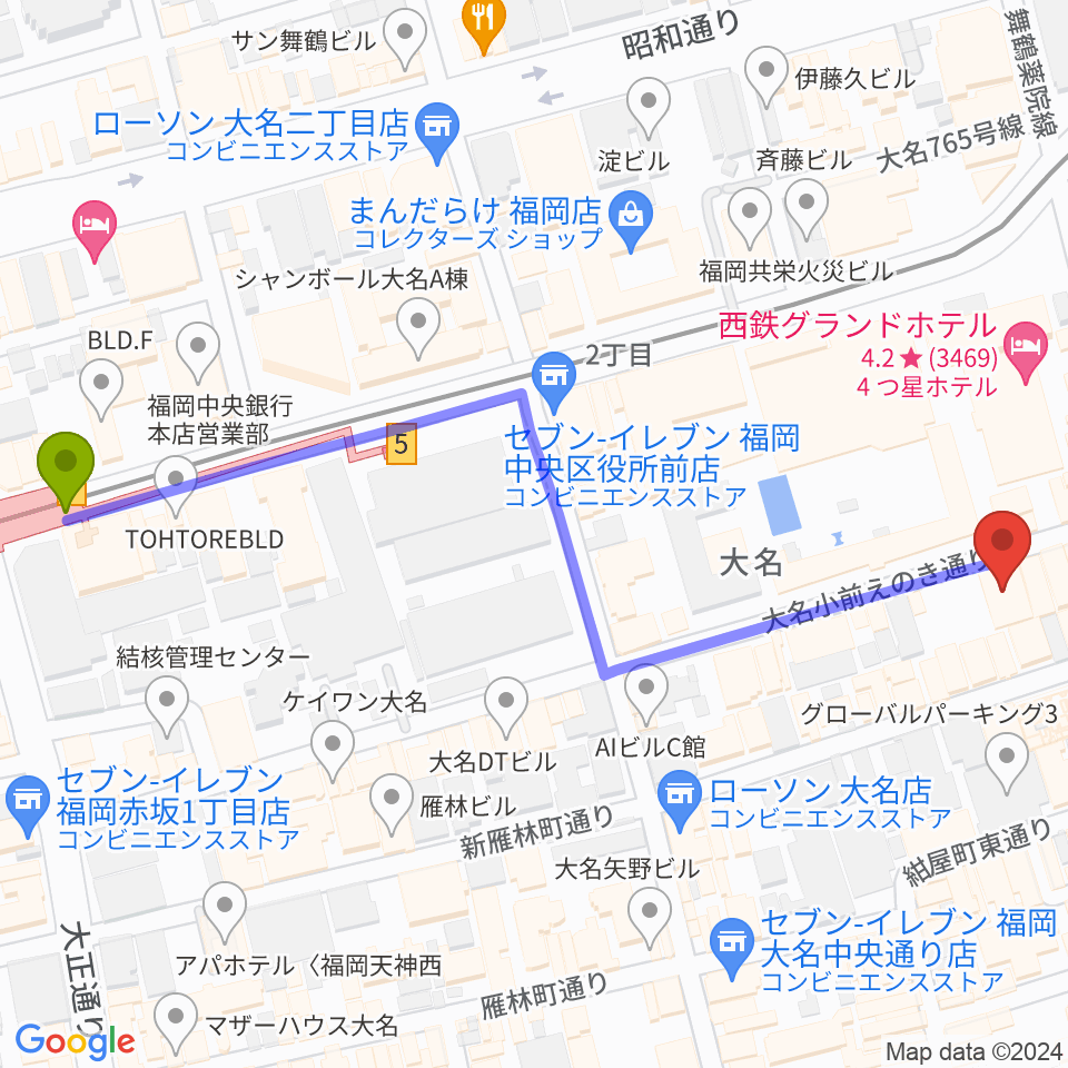 赤坂駅から福岡天神ROOMSへのルートマップ地図